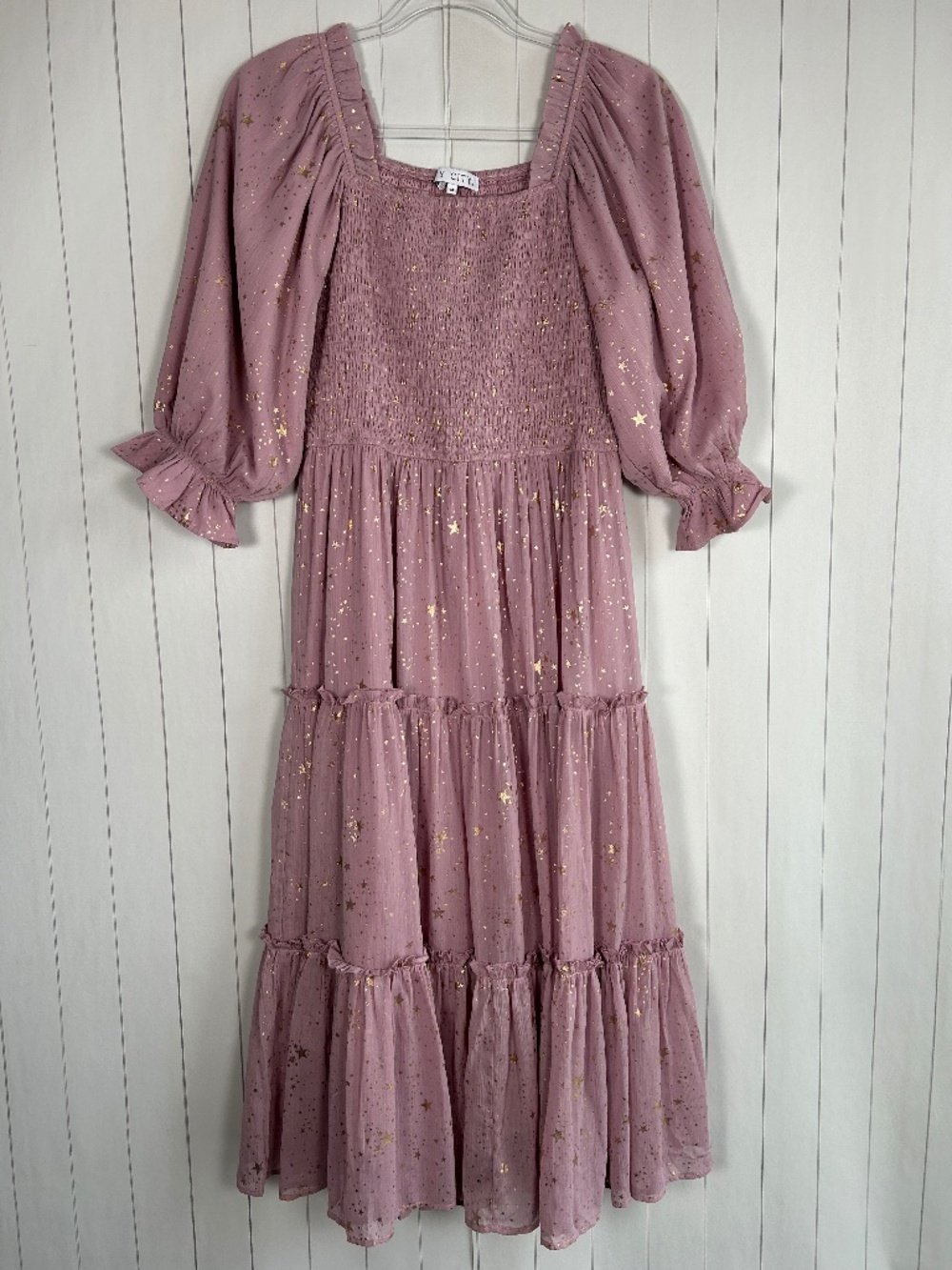 Ivy City Co size M Starry Night midi dress lilac gold square neck smocked tiered
